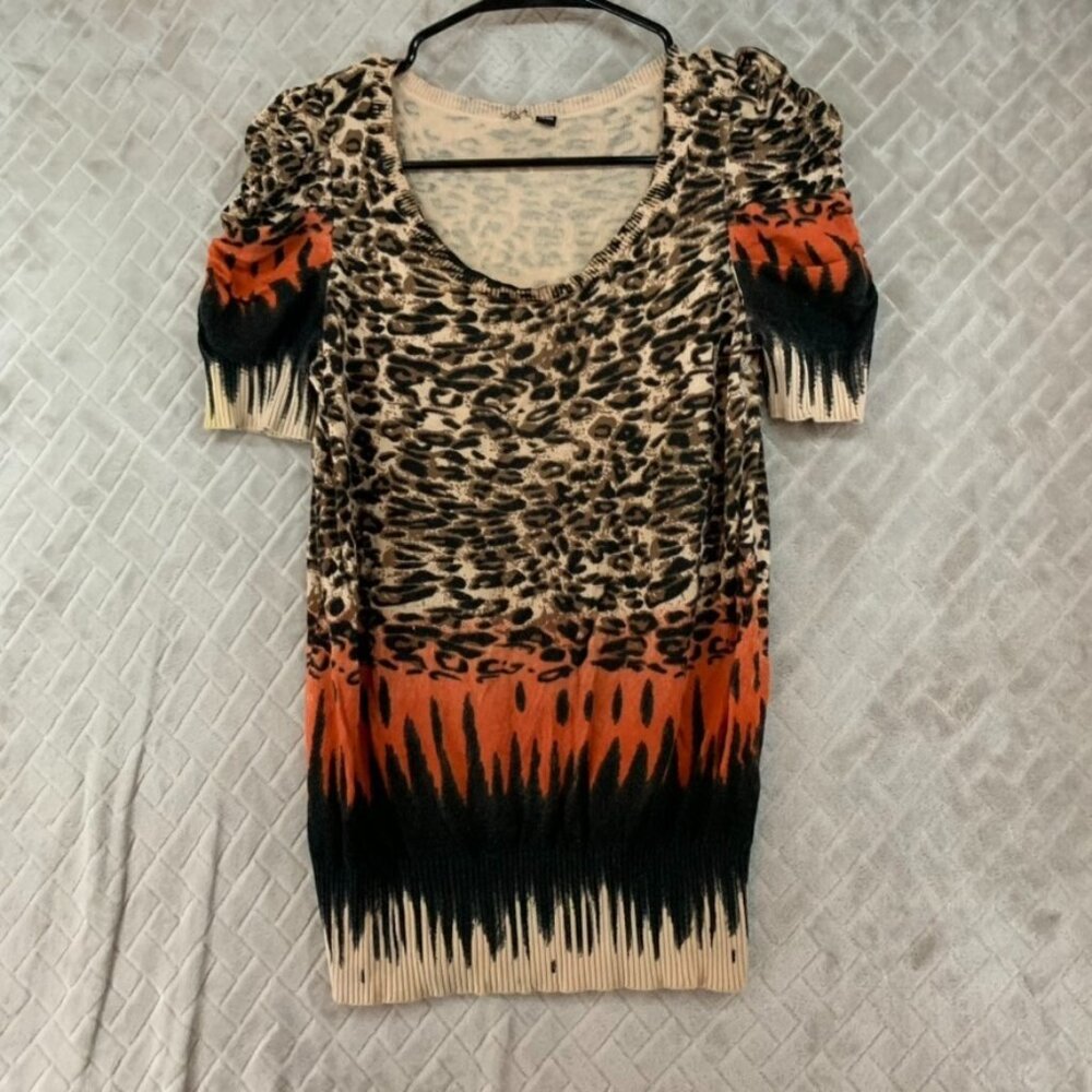 Vero Moda Womens M Animal Print Top Colorful Knit Sweater T Shirt Scoop Neck